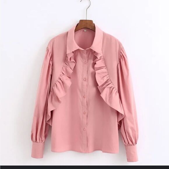 NWT Zara pink ruffle front button up down small s - Picture 3 of 9